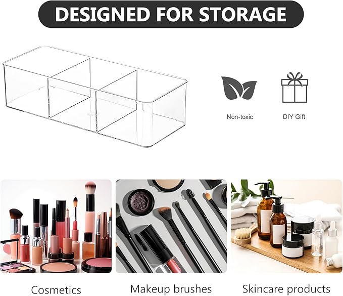 Acrylic Makeup Brush Organizers,3 Pack 3 Section 3 Compartments Transparent Plastic Lipstick Holder Clear 9.13x3.54x2.36 Inches Storage Square Cube for Bathroom Jewelry Accessories