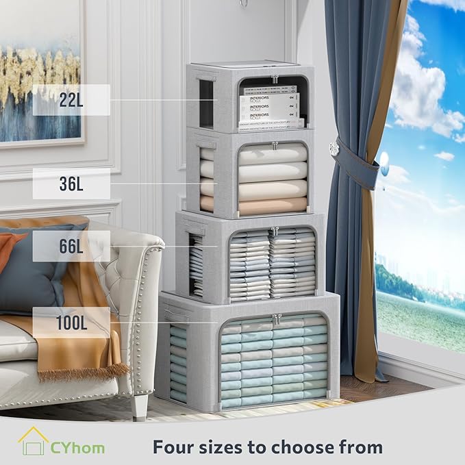 CYhom 3Pack Foldable Storage Bins - Frame Storage Box Linen Fabric Stackable Clothes Container Organizer with Clear Window & Carry Handles Large Capacity (Small-22L, Light Grey)