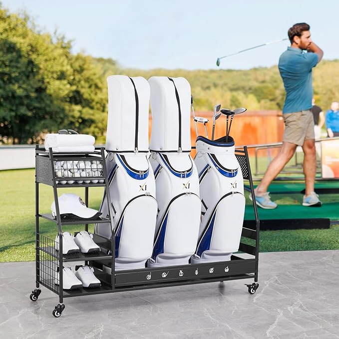 Lauren&Harold Golf Bag Organizer Garage Storage, Golf Storage Rack Stand Fits 2 Golf Bags, Golf Clubs and Other Golfing Equipment Accessories, Golf Organizer for Garage, Club, Shed, Basement