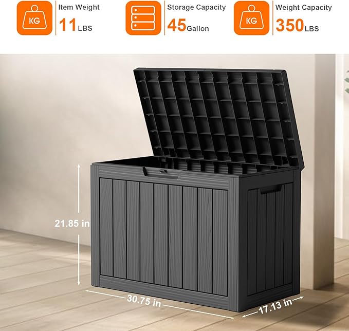 45 Gallon Resin Deck Box, Lockable Patio Outdoor Storage Box for Furniture, Garden Tools and Tools Storage, Waterproof Outside Storage Boxes - Black