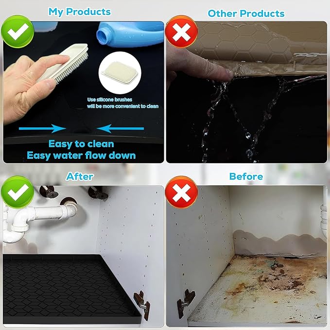 Under Sink Mat, 19"x22" Under Sink Mats for Kitchen, Silicone Waterproof Under Sink Liner, Sink Cabinet Organizer Tray with Drain Hole (Black, 19X22)