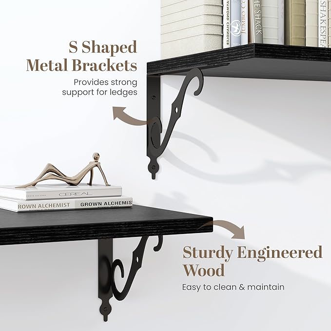 Fun Memories Large Floating Shelves for Wall 48 Inches Long, 12 Inch Deep Shelves with Metal Bracket, 48 Inch Floating Shelves Wall-Mounted, Wide Display & Storage Bookshelves, Black, Set of 2