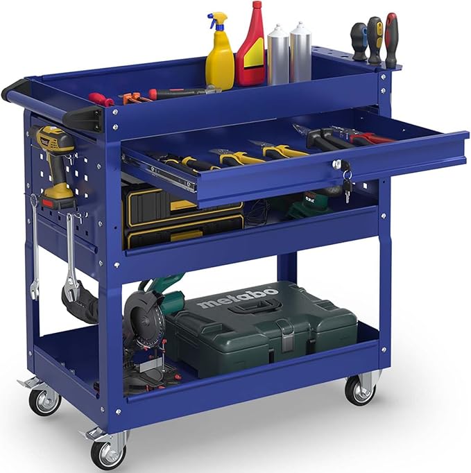 3-Tier Rolling Utility Cart, Metal Heavy Duty Utility Cart on Wheels with Lockable, 330 lb. Load Large Storage Capability Tool Cart for Garage, Warehouse, Repair Shop（Blue）