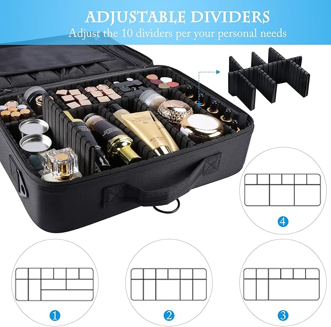 JOURMON Travel Makeup Train Case,Large Capacity Cosmetic Bags for Women,Portable Makeup Bag Organizer with Adjustable Dividers & Shoulder Strap (Black, L)