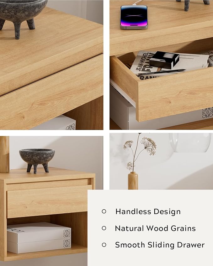 Mid Century Modern Floating Nightstand, Wall Mounted End Table with Drawer and Open Compartment Wooden Bedside Night Stand Small Storage Cabinet for Bedroom, Natural Oak