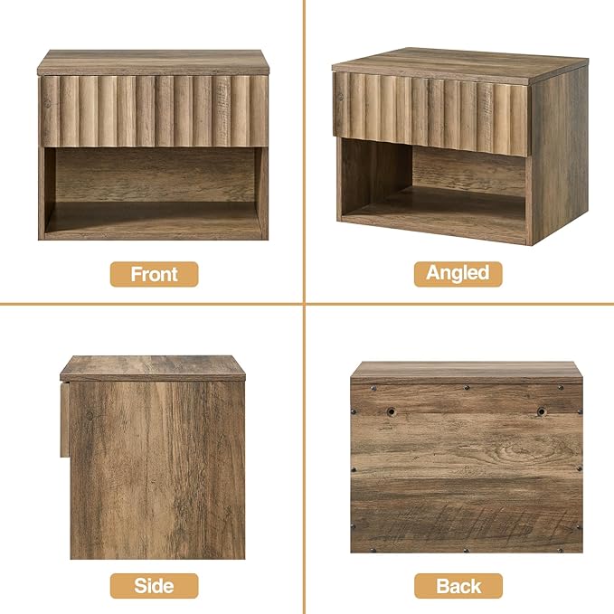 Floating Nightstand with Fluted Drawer - Modern Wall Mounted Bedside Table with Open Storage Shelf, Small Night Stand TV Stand for Bedroom(Rustic Brown)