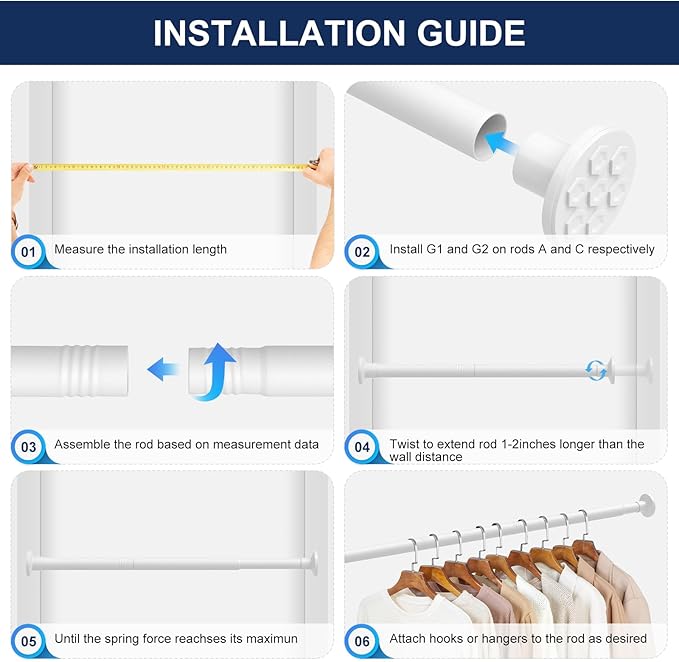 No Drilling Closet Rod, 27.5-94 Inches Hanging Closet Rod for Clothes, Closet Bar & Pole Heavy-duty, Closet Rods for Hanging Clothes For Closet Wardrobes Bathroom Laundry RV Curtains,White