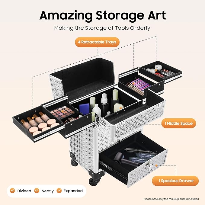 Rolling Makeup Train Case with Drawers, Portable Rolling Makeup Cart with Wheels, Silver Cosmetology Storage Cart with 6 Compartments for Makeup Artists, Hairdressers, Pet Groomers