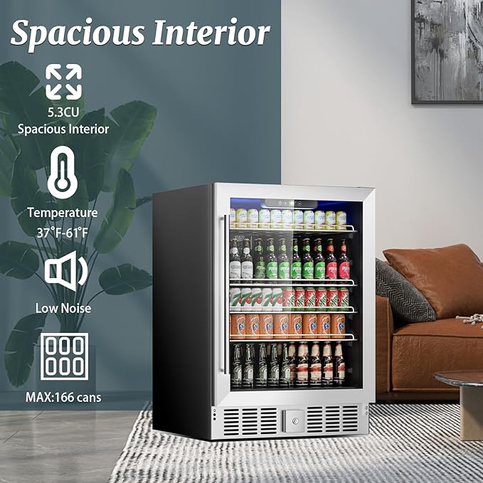 Beverage Refrigerator Cooler, 182 Can Mini Fridge Glass Door for Drinks Soda, Beer, or Wine - Small Refrigerator for Office Bedroom Home Bar, Adjustable Shelves, 5.3 Cu.Ft, Silver