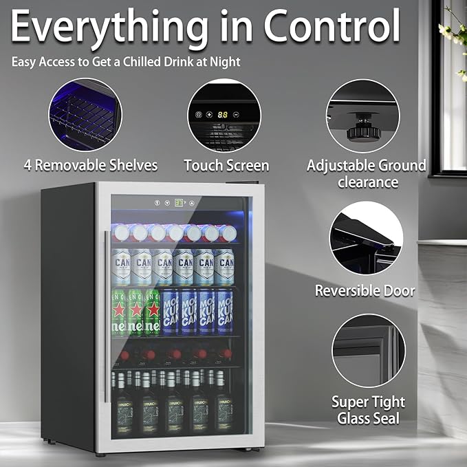 145 Can Mini Fridge - 4.5 Cu.Ft Beverage Refrigerator with Reversible Glass Door for Soda Wine Beer, Adjustable Temperature Control for Home Office Bar, Silvery(40-61 ℉)