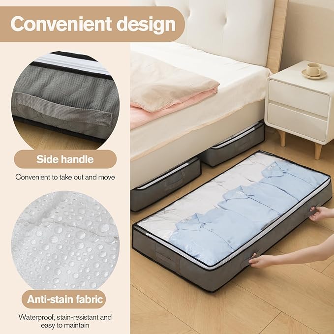90L Under Bed Storage Containers, Closet Organizers and Storage Bins, Foldable Underbed Storage Bags for Blanket, Clothing, Comforter, Sweaters, Pillows, Linen Sheets, Wrapping Paper, Gray