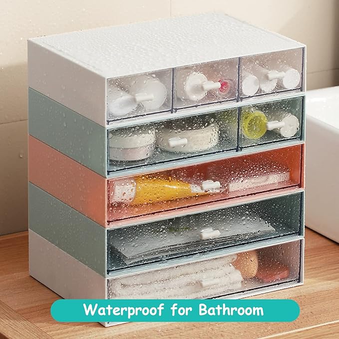 Desktop Organiser with 5 Drawers, Stackable Plastic Storage Box on Desk, Small Drawers Storage Unit for Home Collection, Cosmetics, Office Supplies (2 Flat Layers, Blue)