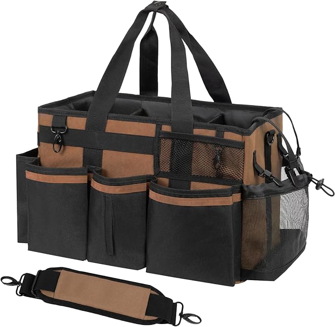 Wearable Cleaning Caddy, Cleaning Caddy Supplies Organizer with Handle & Shoulder Straps for Housekeepers, Under Sink & Car Cleaning Tool Organizers Bag with 4 Foldable Divider (Brown)