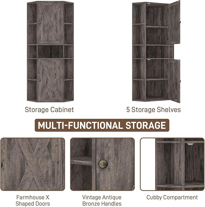 Farmhouse Corner Cabinet, Tall Corner Storage Cabinet with Barn Doors and Adjustable Shelves Wooden Display Bookshelf Pantry Cabinets Organizer Home Furniture for Bathroom, Living Room