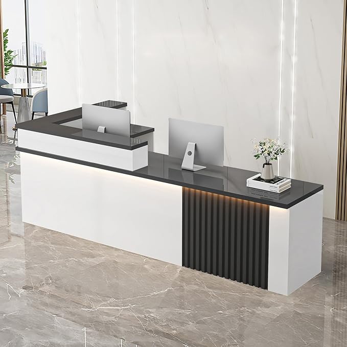 Receptionist Desk with LED Light，Wooden Salon Checkout Counter with Storage Drawer & Keyboard Tray Modern L-Shaped Reception Desk for Barbershop Office Company Store