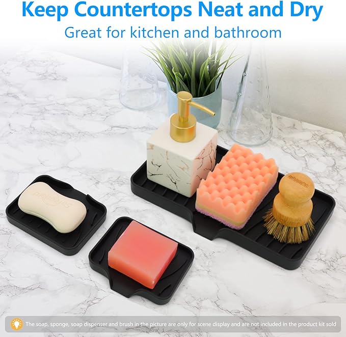 3-Pack Silicone Soap Dish, Sponge Holder for Sink, Kitchen Soap Tray, Bathroom Soap Holder, Sponge Tray with Drain (Black)