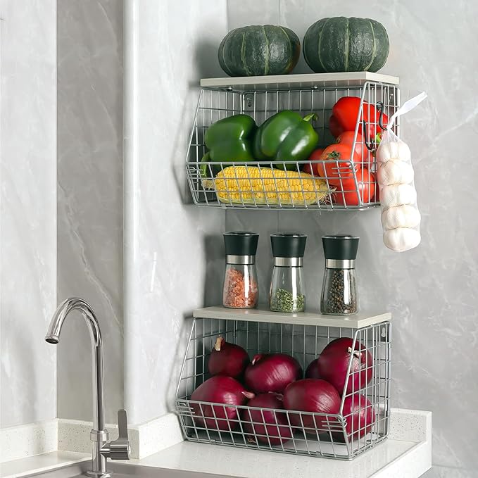 2pcs Silver Fruit Basket, Stackable Wall Mounted Pantry Organizers and Storage Basket with Wood Lid Top - Kitchen Hanging Wire Basket for Storage Bread, Cans, Snack, Fruit, Vegetable