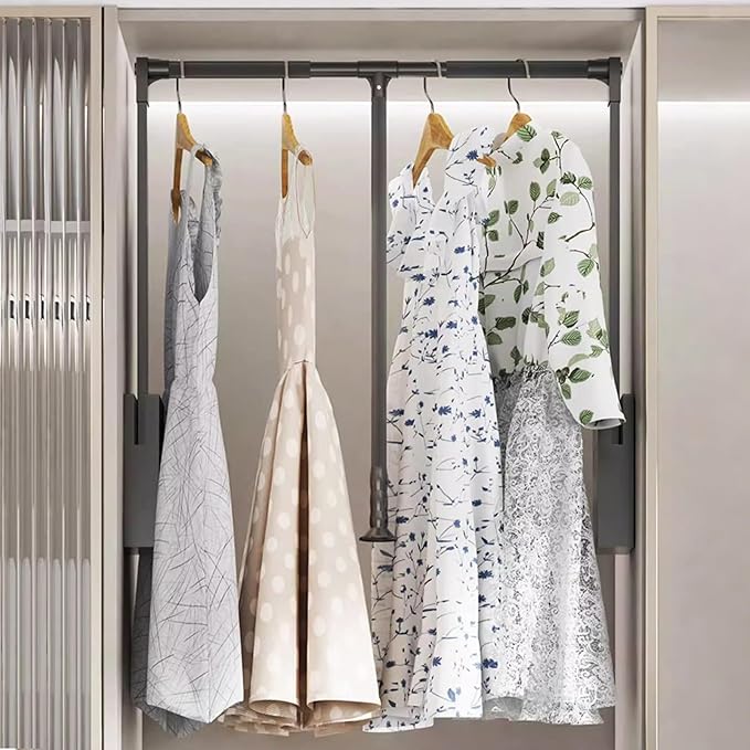 Pull Down Closet Rod for Hanging Clothes, Retractable Wardrobe Hanger for Cabinet Inside Width 21.6"~26", Aluminium alloy Tubing with Plastic Housing, 44 lb Weight Rating