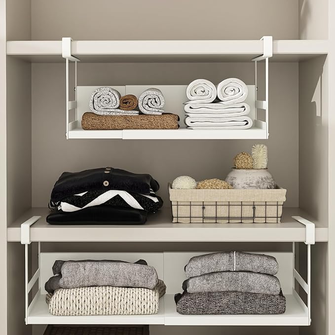 Expandable Under Cabinet Shelf Organizer with 0.94-Inch Thick Clips, Heavy Duty Extendable Under Shelf Storage Basket for Pantry or Laundry Room, White, 2 Pack, Interior: 5.7" H x 7.2" D