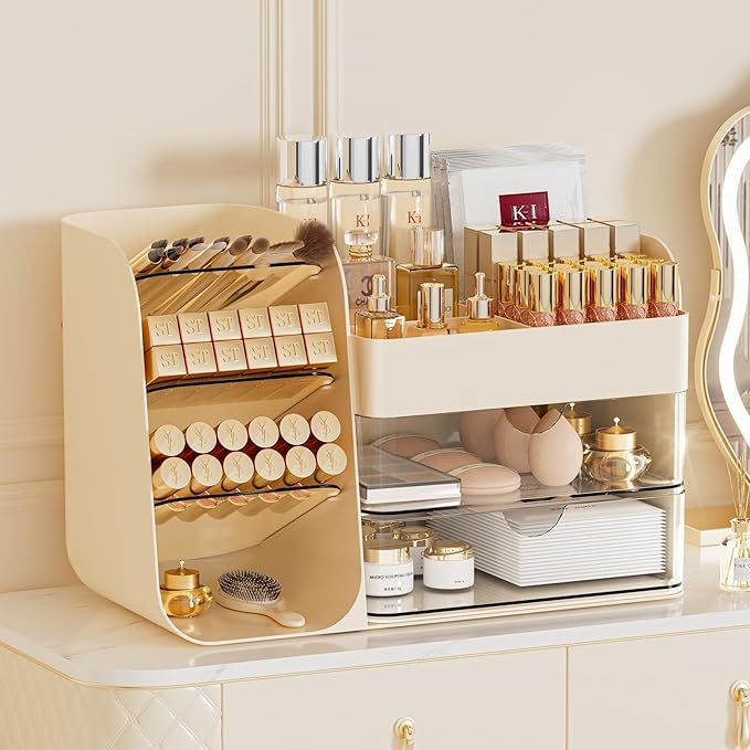 Makeup Organizer with Drawers,Large Capacity Countertop Organizer for Vanity,Bathroom and Bedroom Desk Cosmetics Organizer,Easy To Storage Skincare,Brushes, Eyeshadow,Lipstick (All Cream, Large)