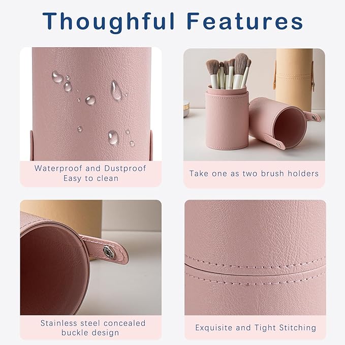 Portable Makeup Brush Holder, Waterproof PU Leather Travel Makeup Brush Case Bag Cup, Brush Storage Dustproof Bag (04Beige)