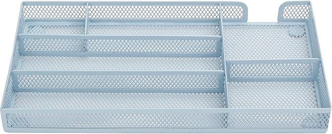 Annova Desk Drawer Organizer/Storage Tray - Metal Mesh with Dividers for Pens, Desktop Accessories, Bathroom, Kitchen, Makeup and Office Supplies (Small, Morandi Blue)