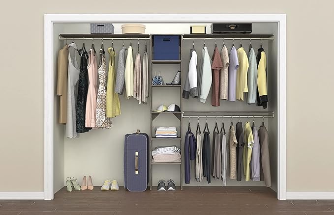 ClosetMaid SuiteSymphony Wood Closet Organizer Kit with Tower 3 Hang Rods, Top Shelves, Adjustable, Fits Spaces 5-9 ft. Wide, Graphite Grey