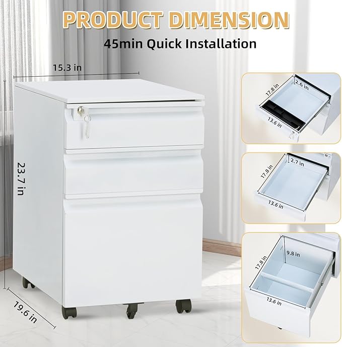 Garvee Mobile Filing Cabinet 3 Drawer,Under Desk File Cabinet with Lock & Anti-Tip Wheel, Metal Rolling Filing Cabinets for Home Office Organizer,a4/Letter/Legal Hanging File Folders