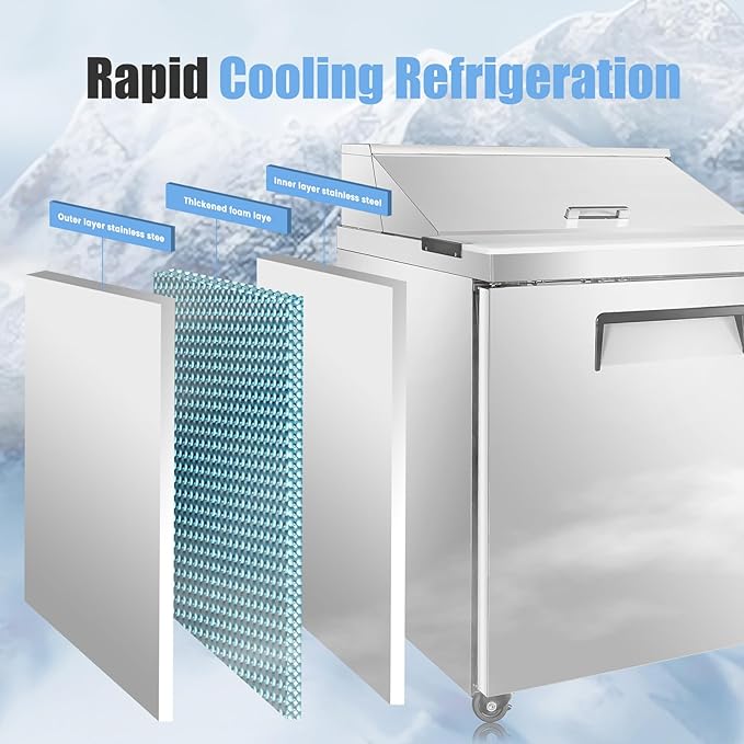 29" W Commercial Refrigerator Sandwich Salad Prep Table, Stainless Steel 1-Door Sandwich Prep Table Refrigerator, Counter Fan Cooling Refrigerator with 8 Pans for Restaurant, Bar