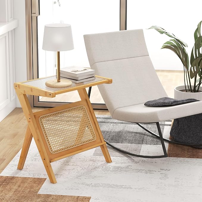 GOFLAME Rattan Side Table Set of 2, Z-Shaped End Table with Tempered Glass Top, Magazine Rack, Boho Night Stand, Small Coffee Table, Bamboo Accent Bedside Table for Living Room, Bedroom, Natural