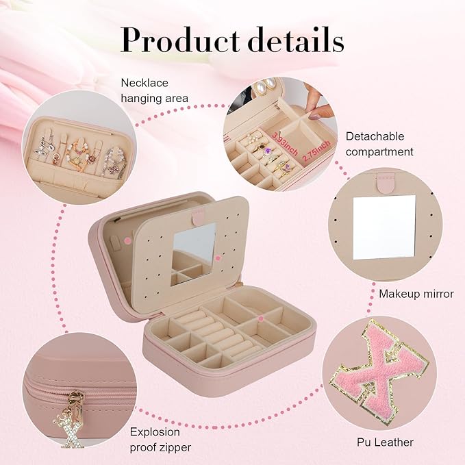 TopPerfekt Travel Jewelry Case Travel Jewelry Box With Mirror, Jewelry Organizer Bridal Shower Gifts To Her, Earring Travel Case, Trendy Gift for Women and Girls (X, Pink)