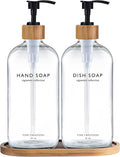 Vine Creations Clear Glass Soap Dispenser Set, Hand Soap and Dish Soap Dispenser Set with Bamboo Tray, 16 oz Glass Dispensers Bottle for Kitchen and Bathroom Decor Modern Boho with Bamboo Pump (Clear)