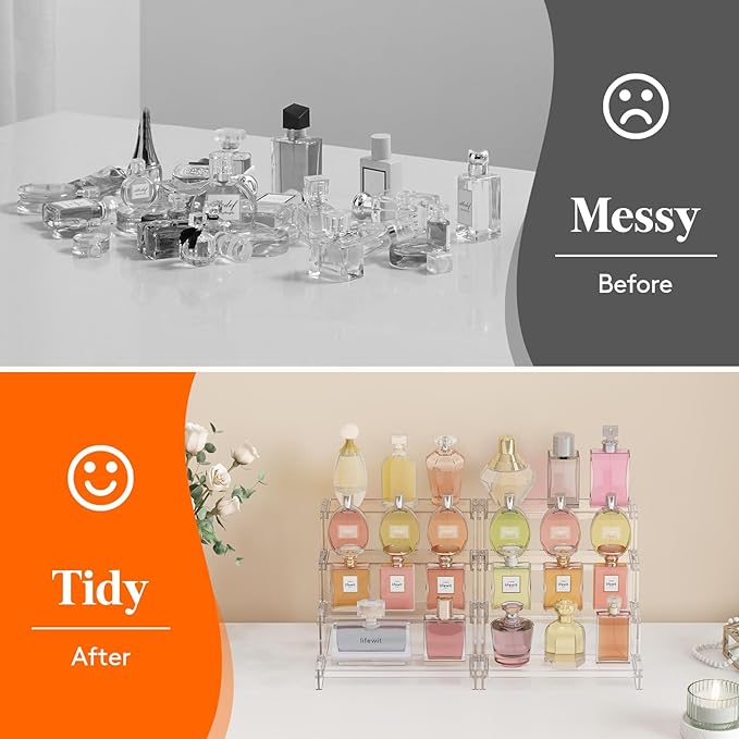 Lifewit 4 Tier Perfume Stand Organizer for Women, Plastic Display Riser, Tool-Free Assembly, Fragrance Makeup Cosmetics Shelf for Vanity Bedroom Bathroom Storage Organization, Clear, 9 Inch, 1 Pcs