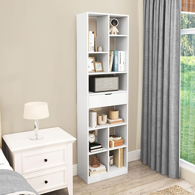 Giantex 71" Bookcase with Drawer Set of 2, Tall Freestanding Bookshelf with 10 Open Cubes, Floor Display Shelving Unit, Modern Storage Organizer for Living Room, Bedroom, Study, White