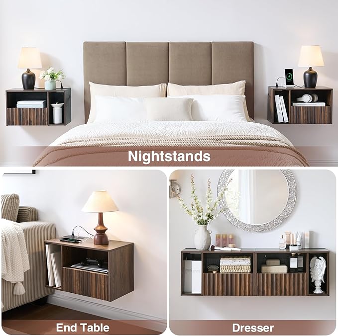 Floating Nightstand with Charging Station, Walnut Fluted Wall Mounted NightStand with Drawers, Bedside with USB Ports and Outlets, Bedroom Furniture (Set of 2)