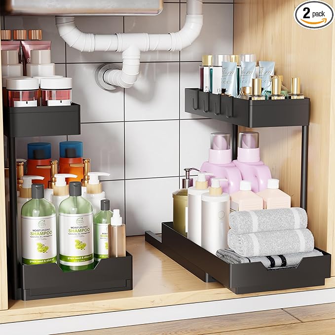 Simple Trending Under Sink Organizer 2 Pack, L-Shaped Sink Pull-Out Sliding Storage Cabinet, 2-Tier Under Shelf Organizer for Kitchen Bathroom with Hooks, Black