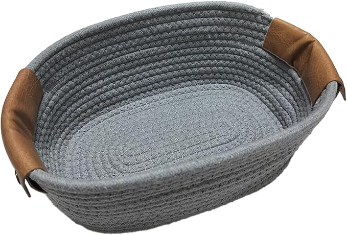 Medium Cotton Woven Basket with PU Leather Handle, Baby Clothes Toys Candy Gifts Cotton Rope Organizer, Living Room Basket Bathroom Shower Storage Laundry Basket, Dog Cat Bed, Cute Decor, Gray
