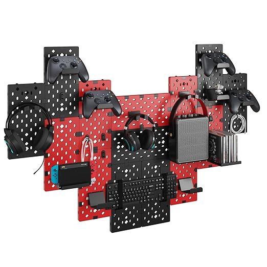 PEGZONE Controller and Headphone Holder Wall Mount, Modular Gaming Pegboard with Accessories, Controller Stand for Xbox PS5 PS4 Switch, Video Game Storage, Disc Shelf, 14pcs Pegboard, Black & Red