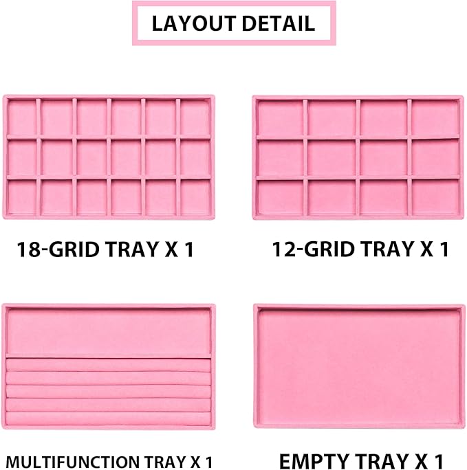 Frebeauty Jewelry Organizer Tray,Stackable Velvet Jewelry Trays,Drawer Inserts Earring Organizer For Women Jewelry Storage Display Case for Rings Stud Necklaces,Set of 4(Pink)