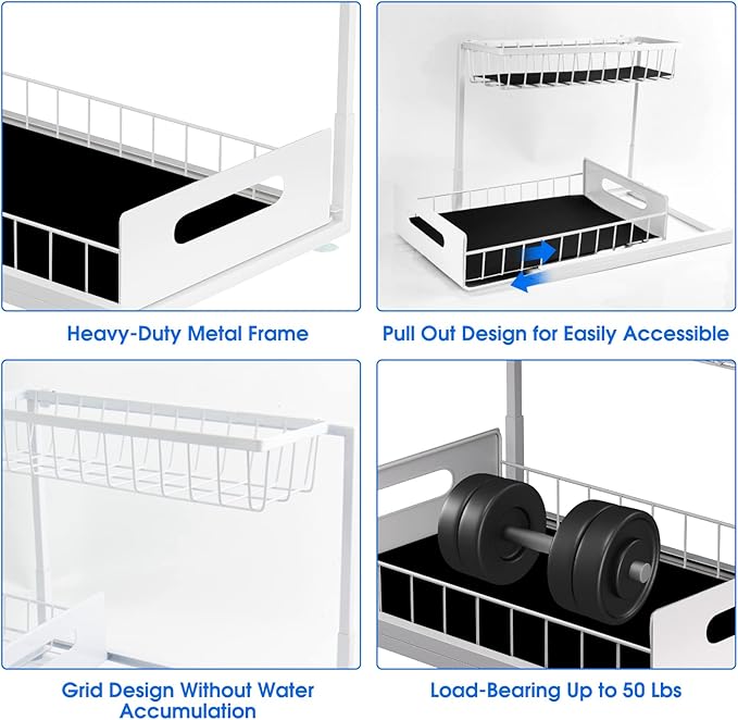 2 Pack Under Sink Organizer, 2 Tier Under Sink Organizers and Storage Multi-Purpose Under Sink Storage for Bathroom Kitchen (White)