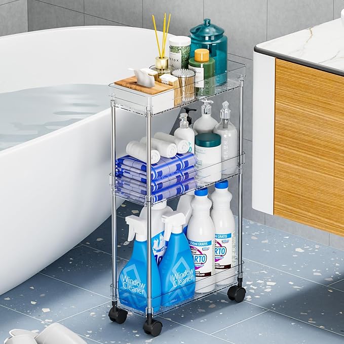 Yieach Clear 3 Tier Slim Rolling Storage Cart with Wheels,6.3″W Thin Shelf,Bathroom Storage Cabinet,Skinny Laundry Cart,Narrow Laundry Room Cart Between Washer and Dryer,Skinny Shelves for Small Space
