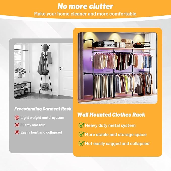 Industrial Pipe Clothing Rack, Reversible 118.3'' Clothes Rack for Hanging Clothes, Black Wall Clothing Rack Wall Mounted Rack for Walk-in Closet, Laundry Room or Retail Display (丨丨丨)