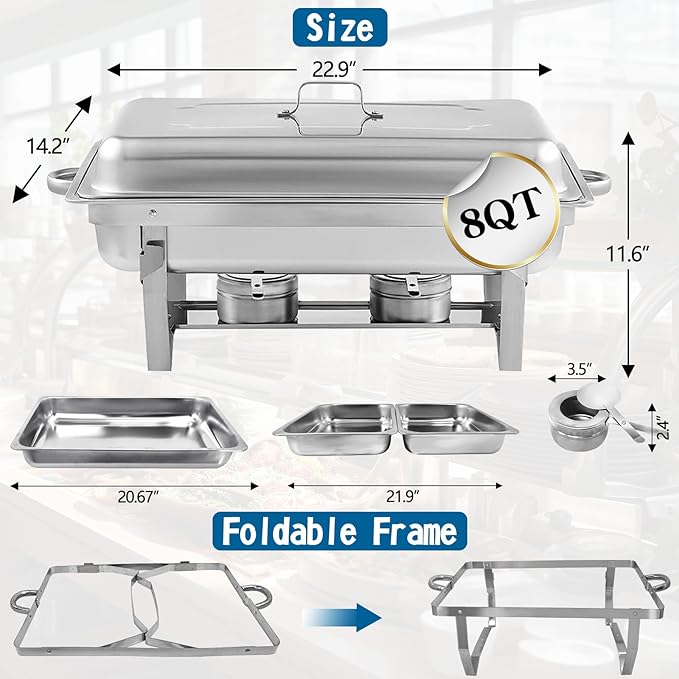 Chafing Dish for Buffet, 2 Pack Stainless Steel Chafing Servers Food Warmer Set with 8QT Half Size Food Pan for Kitchen Party Banquet Dining