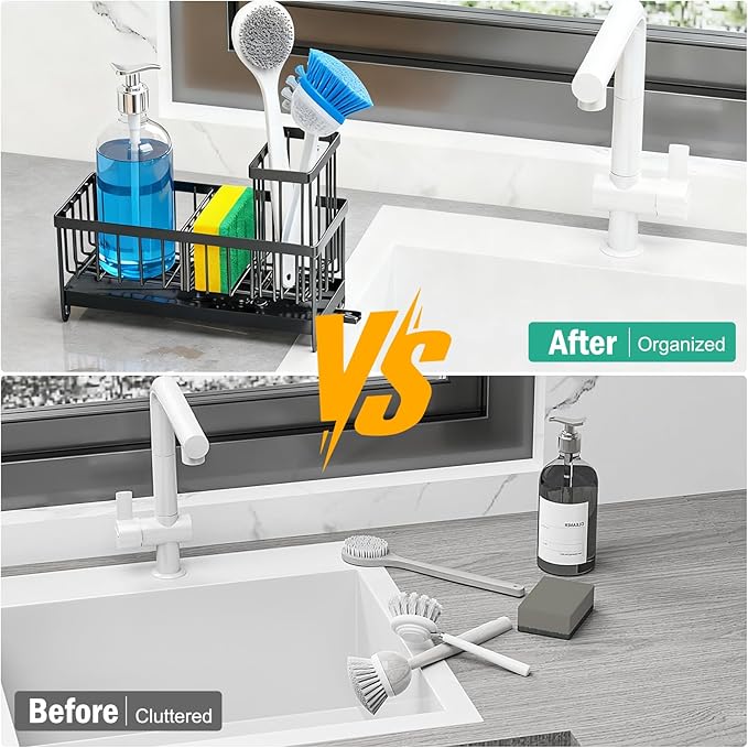 Sponge Holder for Kitchen Sink: 4 Pack Sink Caddy Organizer Complete with High Brush Holder & Auto Drain Tray, Stainless Steel Countertop Storage for Soap Dispenser & Dish Brush, Fast Local Shipping