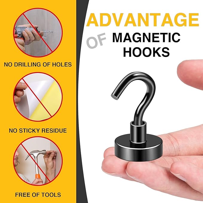 DIYMAG Black Magnetic Hooks, 50 LB Heavy Duty Strong Magnets with Hook, Rare Earth Neodymium Magnet for Cruise Cabins Ship Essentials 12 Packs