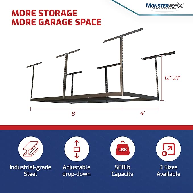 MonsterRax 4x8 Overhead Garage Storage Rack Frame Kit - Hanging Storage Shelves, Ceiling Storage Rack System, Overhead Garage Organizers And Storage, Ceiling Shelving - (Hammertone, 12"-21")