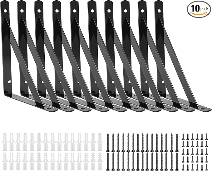 10 Pack L 6" x H 4" Heavy Duty Shelf Brackets with Screws Open Floating Shelving Bracket L Brackets Black Metal Shelf Brackets for Shelves, Room, Pantry,Garage