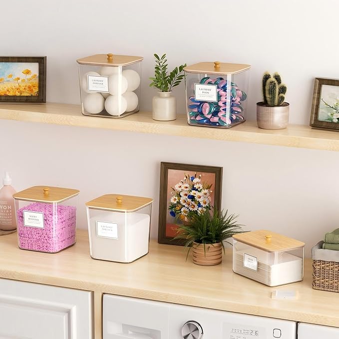 4+1 Pack Laundry Room Organization Containers,Clear Laundry Pods Container,Large Laundry Detergent Powder Storage Containers with Wooden Lids & Labels,Laundry Pods Holder for Scent Booster,Powder,Pods