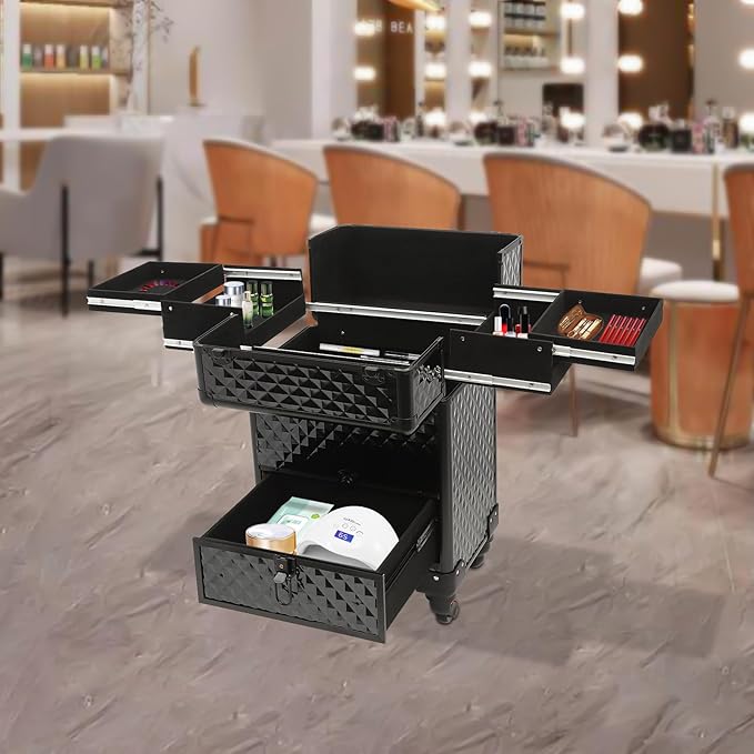 Rolling Makeup Case, Nail Storage Box with Wheels Portable Makeup Trolley for Beauty Studio Hairdressers Nail Technician (Black)