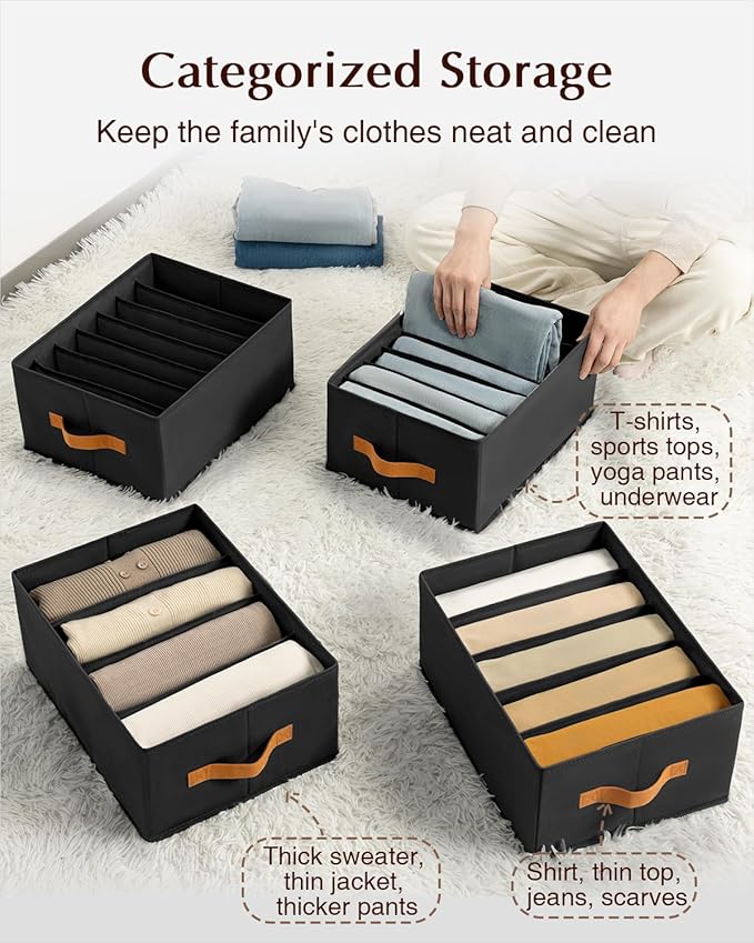 Clothes Organizers and Storage - 4/5/7 Grids Fabric Jeans Organizer with Handles, Foldable Closet Organizers Dividers, Wardrobe organizer for Pant, Sweater, T-shirt, Scarf, 6 Pack, Black